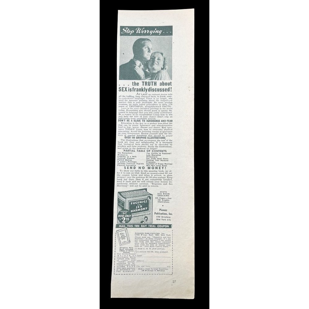 Eugenics and Sex Harmony Vintage Print Ad 1950s Quack Medicine Pioneer Pubs
